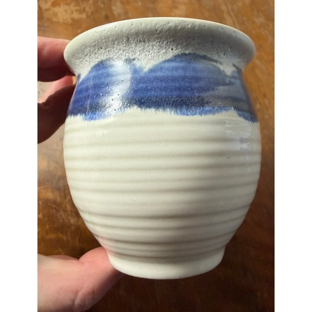 Studio Pottery Vase Blue Cream Ribbed Hand Thrown Drip Glaze